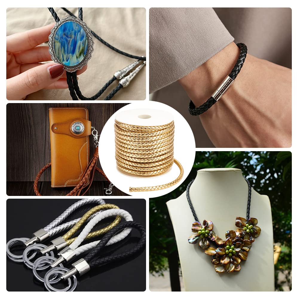 BENECREAT 16Yards Gold Round Braided Leather Cord, 7mm Wide PU Imitation Leather Beading Cord Rope for Jewelry Making, Necklaces, Bracelets, Wraps, Crafts