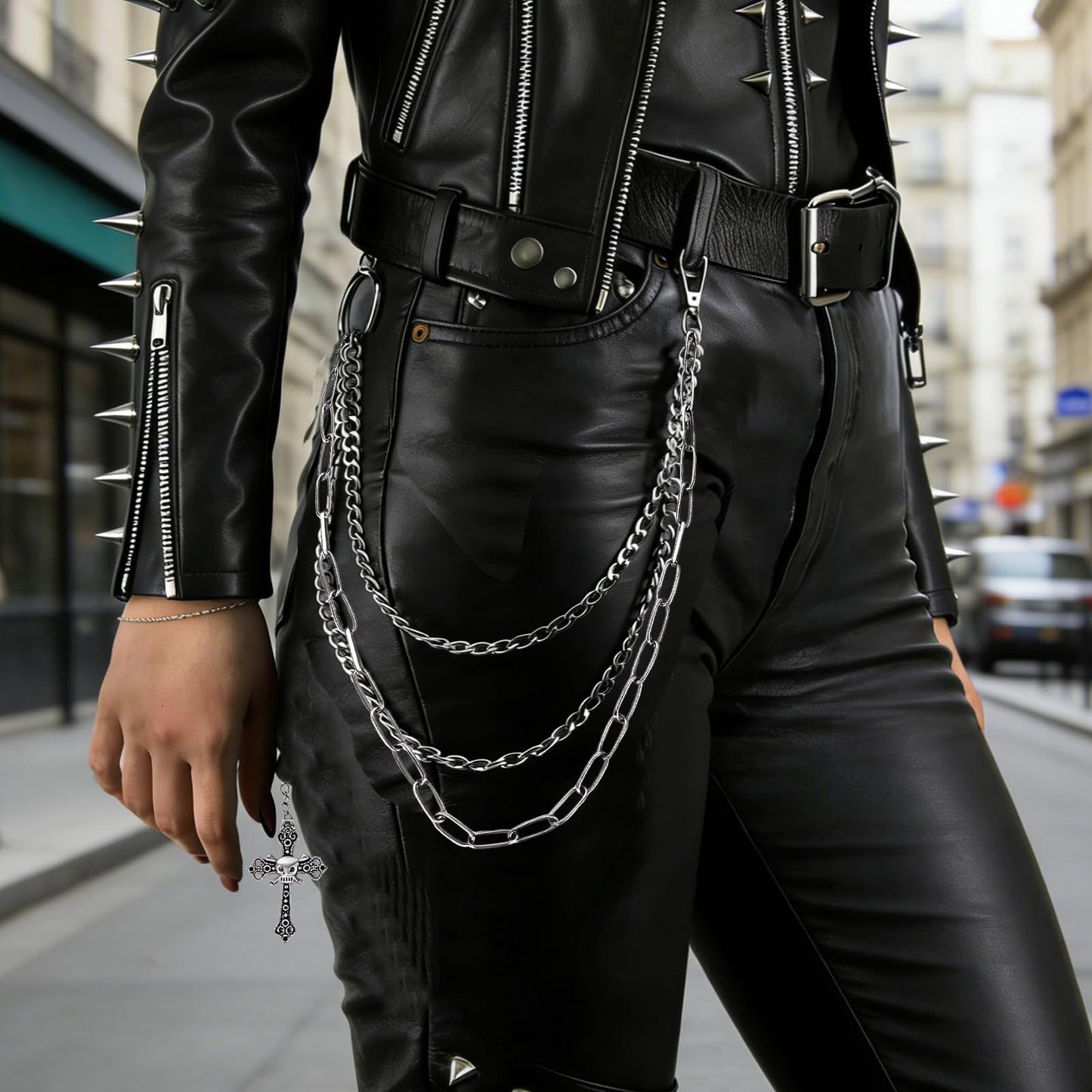 Vigdit Leather Biker Cap, Black Skull Cap for Women & Men, Adjustable Leather Punk Bandana Biker hat with Pants Chain