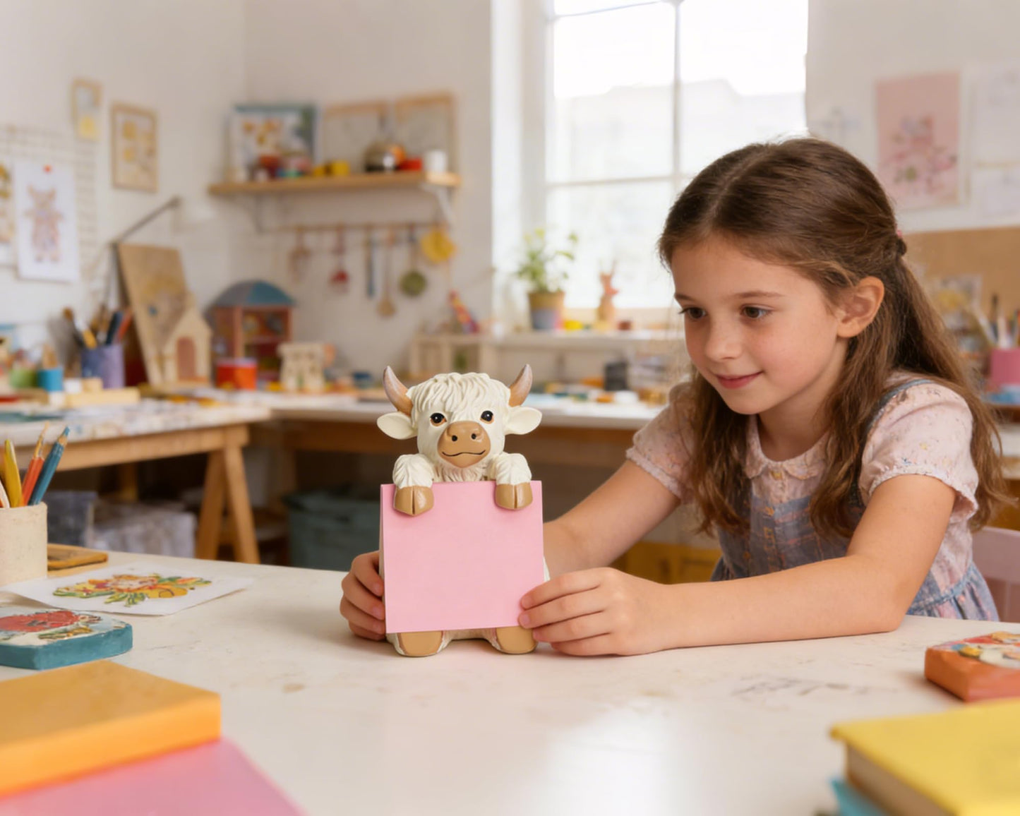 HORTIX Highland Cow Pop-up Sticky Note Dispenser, Includes 1 Pad of 3x3 in Super Sticky Notes, 100 Sheets, Resin Cute Handmade Desk Holder for Office & Home-Beige