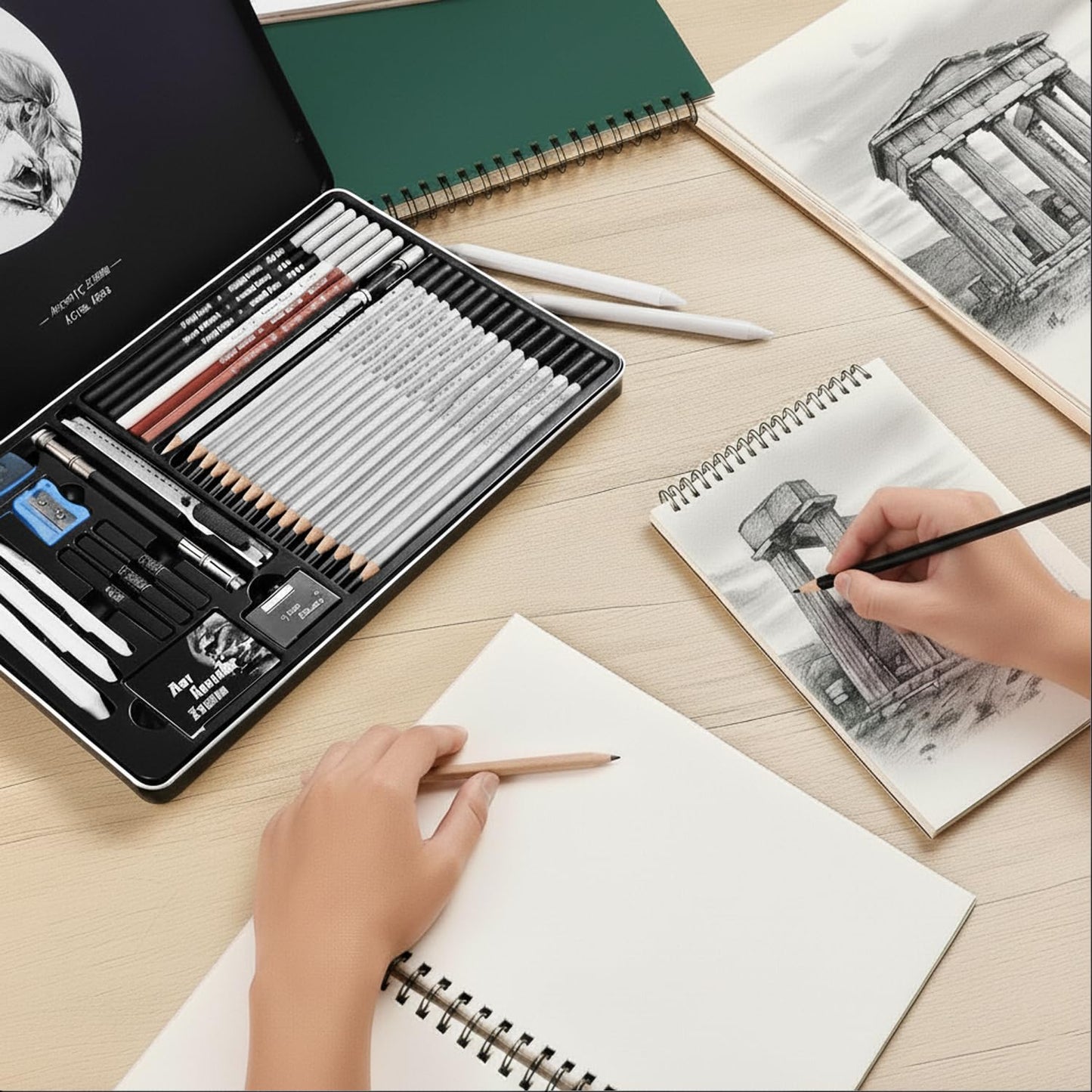 Ouksma Drawing Sketching Pencil Set, 33 PCS Graphite and Charcoal Pencils with Blending Stumps, Erasers, Art Knife & Pencil Extender in Metal Box, Artist Sketching Supplies for Drawing & Shading