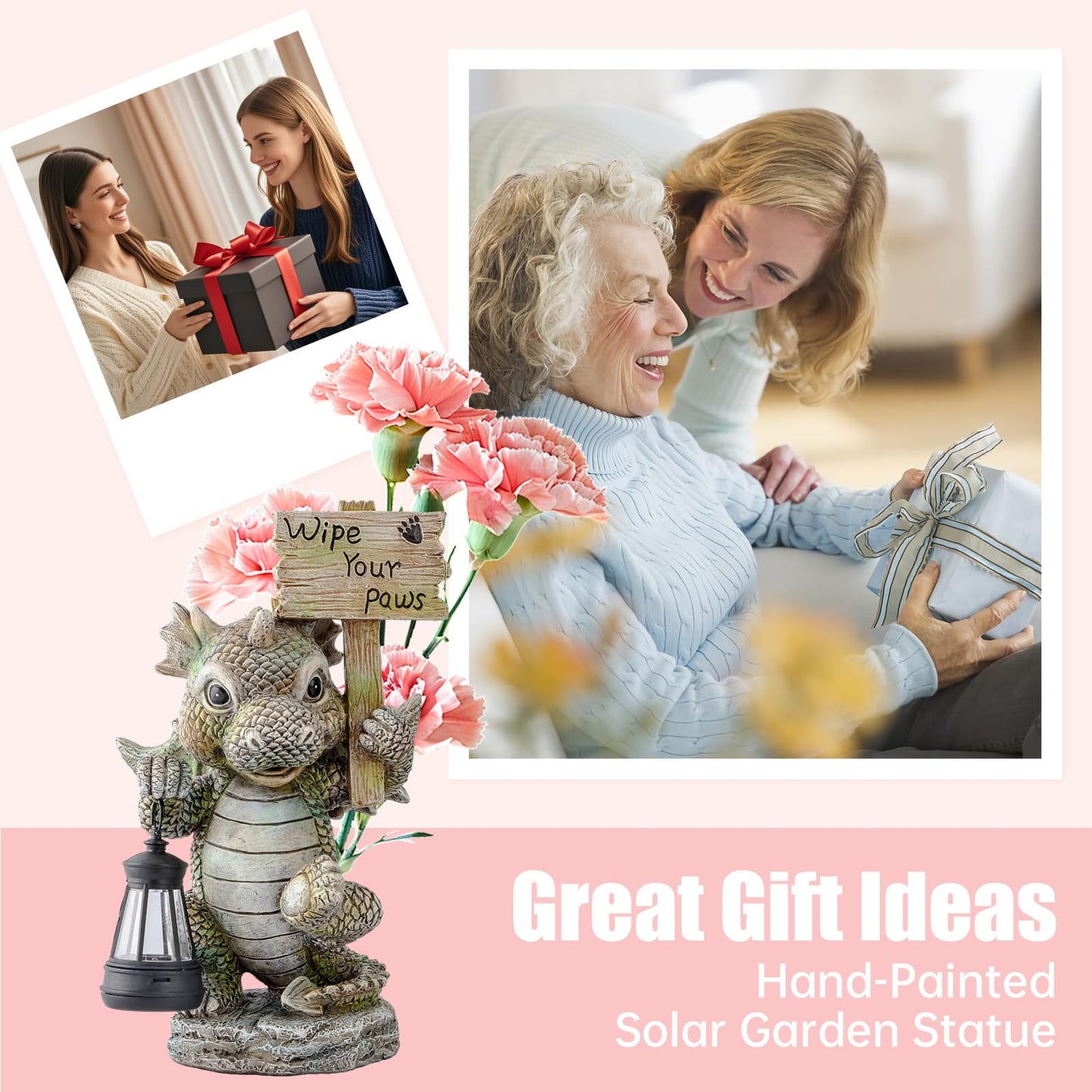 Joint Honglin Solar Dragon Garden Statue with Hanging Lantern - Cute Welcome Sign, Waterproof Resin Dinosaur Figurine, Outdoor Yard Decor for Front Door, Porch, Patio, Dog Pet Lover Gift