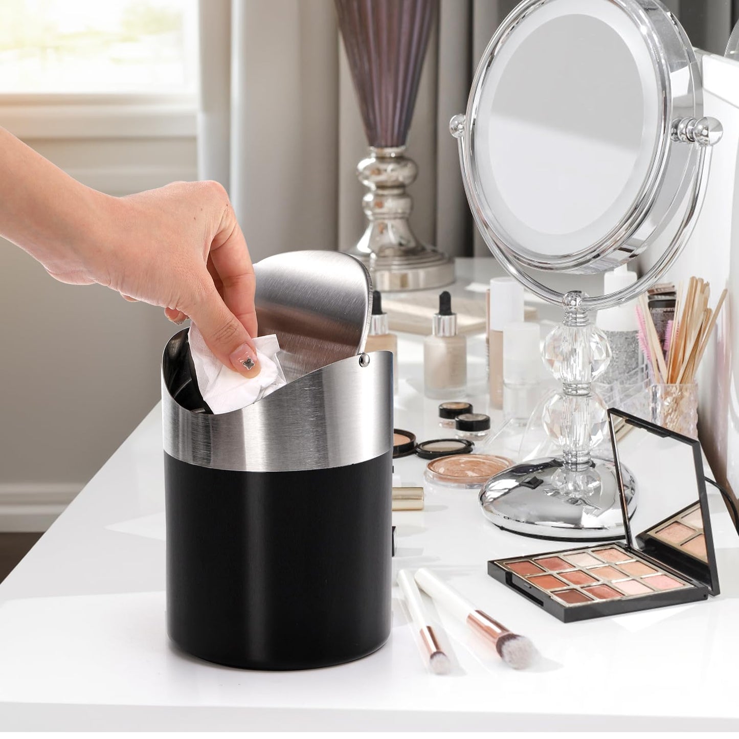 ZOOFOX Set of 2 Mini Trash Can with Swing Lid, Brushed Stainless Steel Countertop Garbage Bin, Modern Tiny Waste Basket for Office Desk, Vanity, Makeup Tabletop, Coffee Table