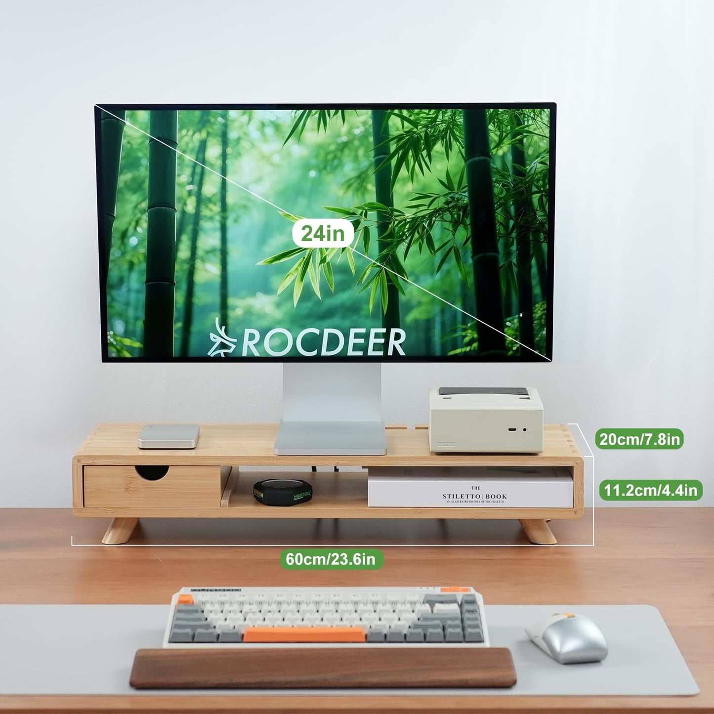 ROCDEER Bamboo Monitor Stand Riser with Drawer, Ergonomic Computer Riser for Desk with Cable Management & Storage Organizer, Wood Monitor Stand for Home Office