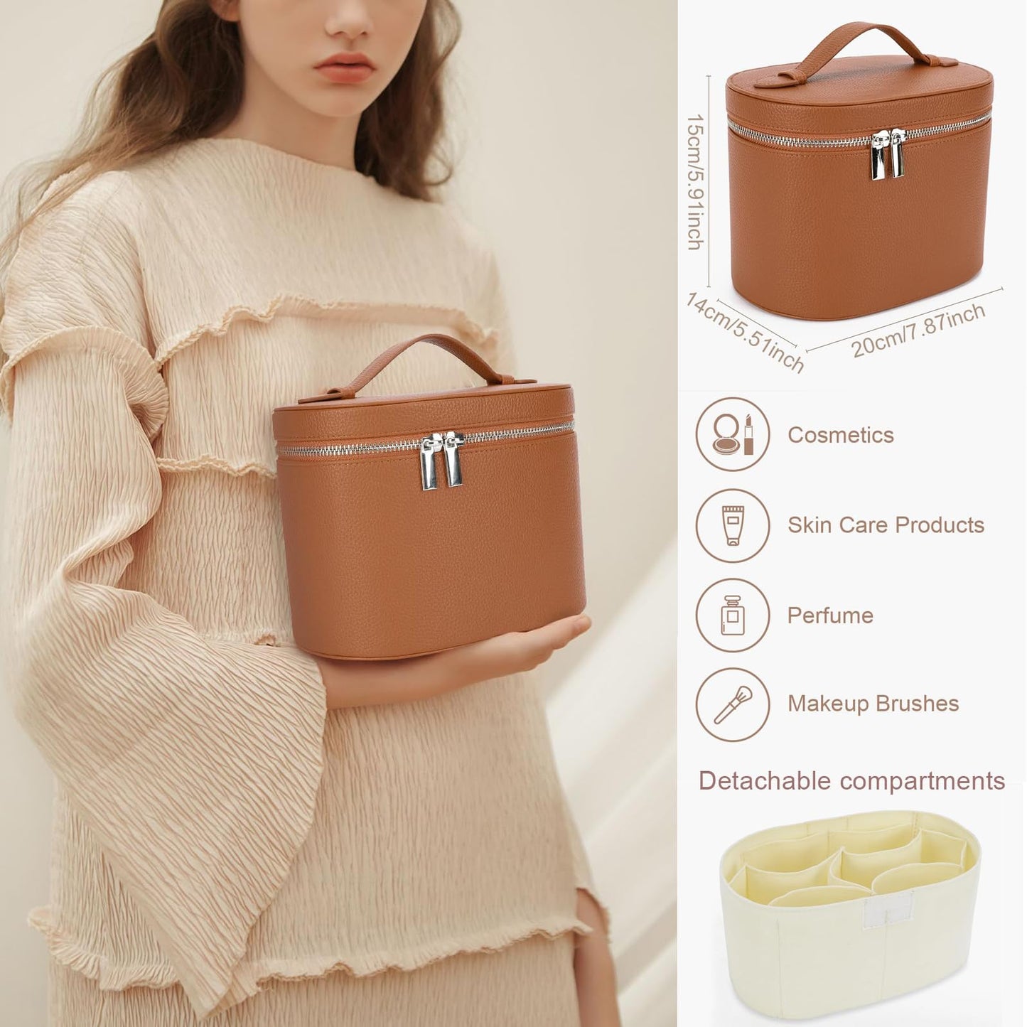 IEMIEBOAMGNOY Leather Make Up Bags With Compartments, Brown travel Cosmetic Bags for Women, Parallel Makeup Travel Bags Organizer Equipped With a Detachable Divider