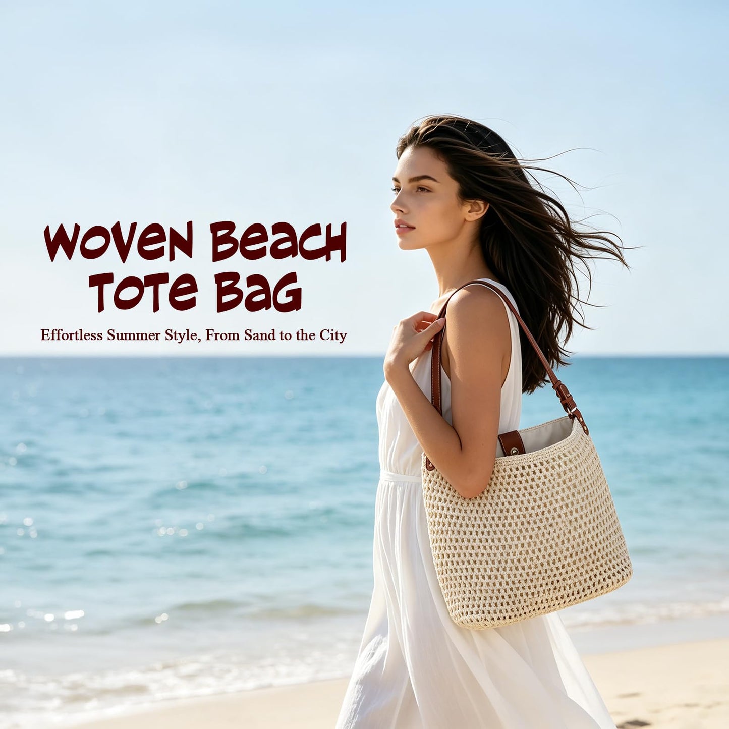 OKoriensuntek Crochet Bag Woven Tote for Women, Cotton Rope Straw Beach Bag with Adjustable Leather Shoulder Strap, Magnetic Snap Summer Bag for Everyday & Travel