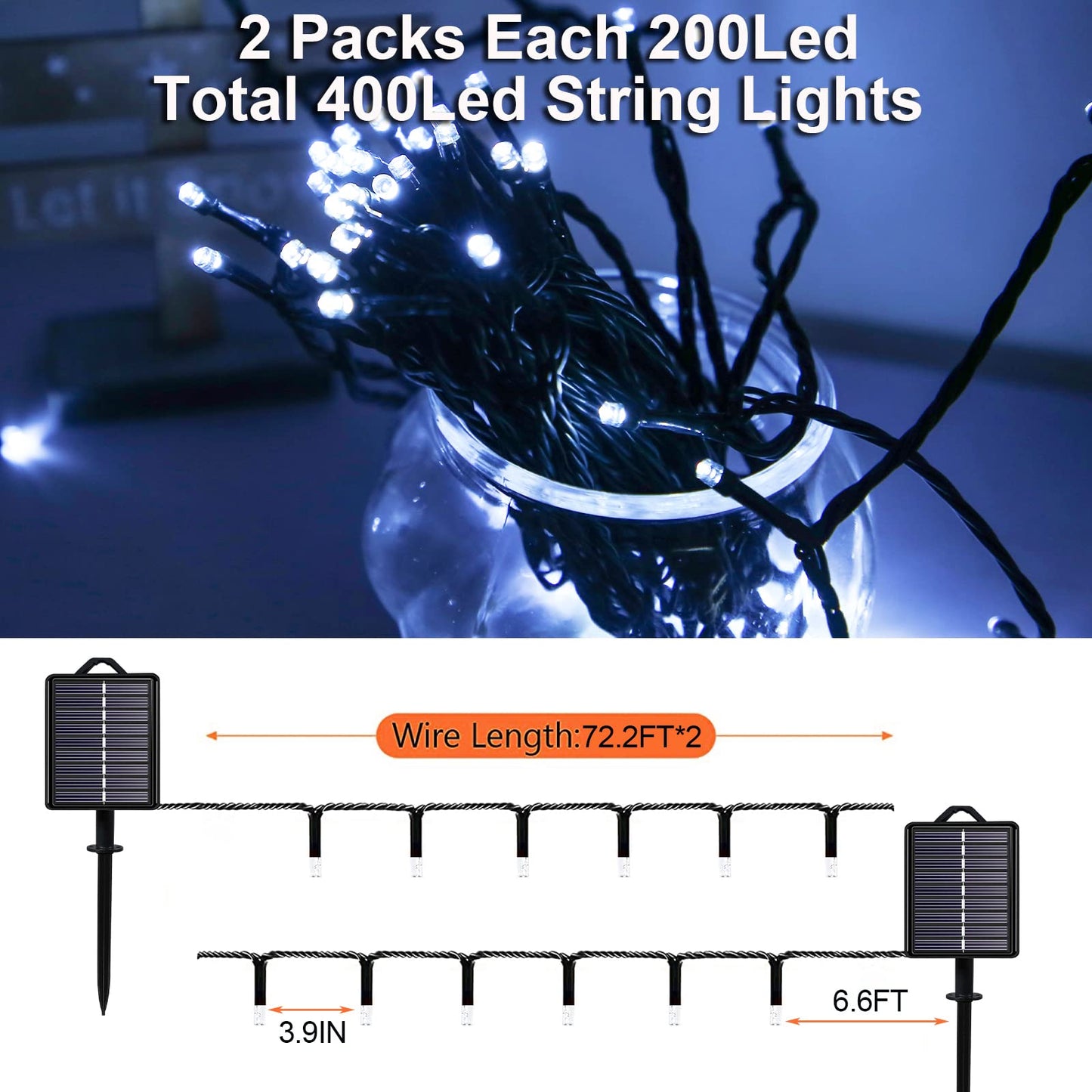 YAOZHOU Solar Cool White Christmas Lights String Outdoor Waterproof 2 Pack, Total 400LED 151ft Fairy Lights with 8 Modes for Tree Garden Patio Wedding Party Yard