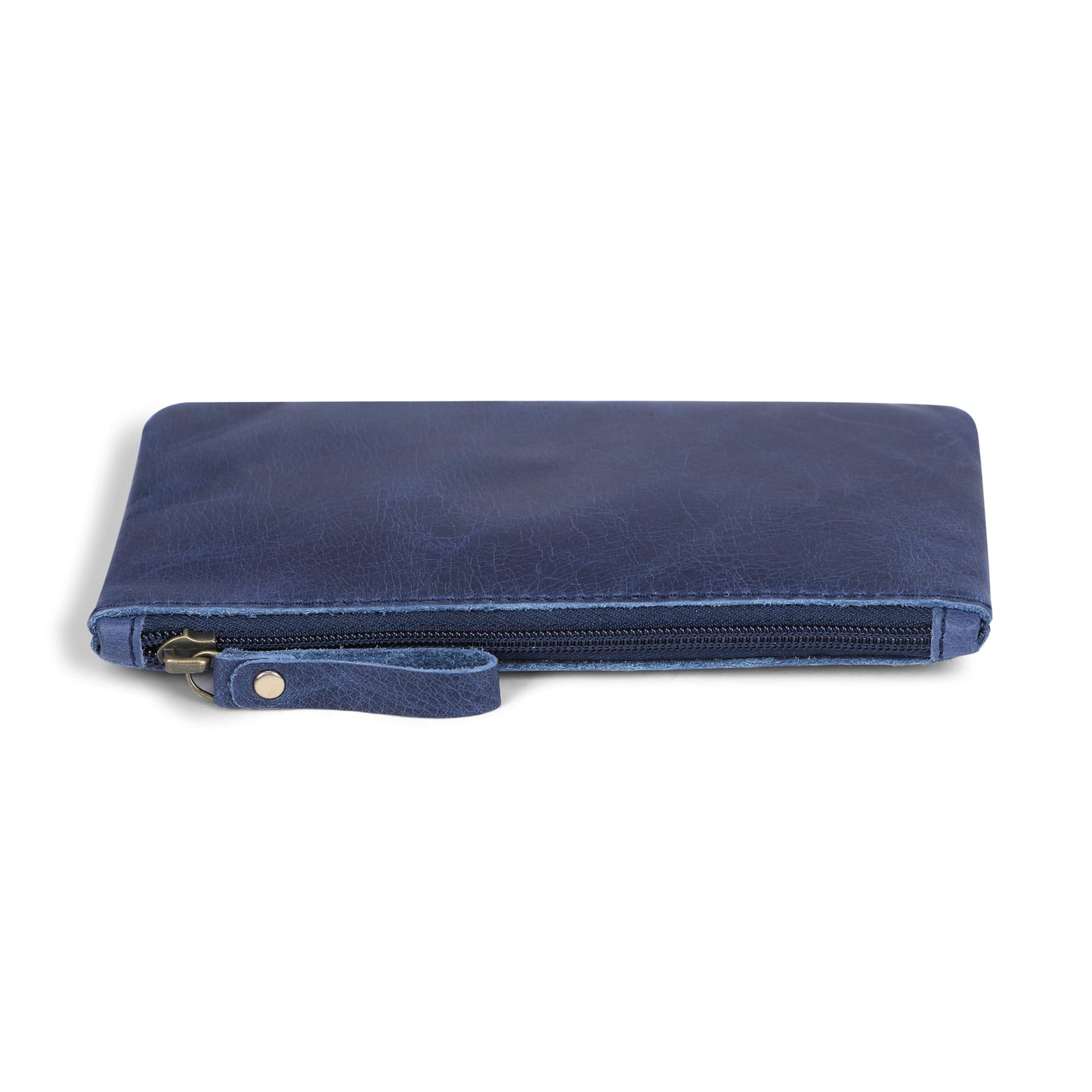 TheAntiq Blue Leather Pencil Pouch with Zipper - Slim Pen Holder (8" x 4" Inches), Coin Pouch & Cash Holder, Genuine Leather Pencil Case, Money Organizer, Multipurpose Accessory Case for Men & Women