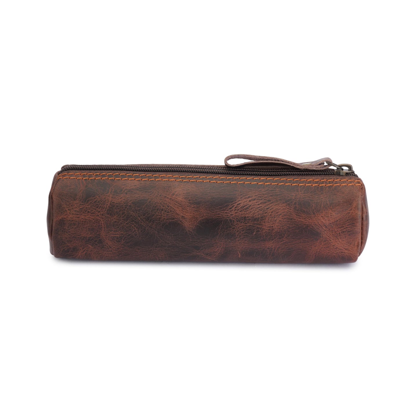 CestAntiQ Round Leather Zipper Pencil Case – Full Grain Handmade Pen, Marker & Sketch Pouch, Compact Tube-Shaped Organizer for Office & Travel, Premium Small Tool Holder for Adults – Brown