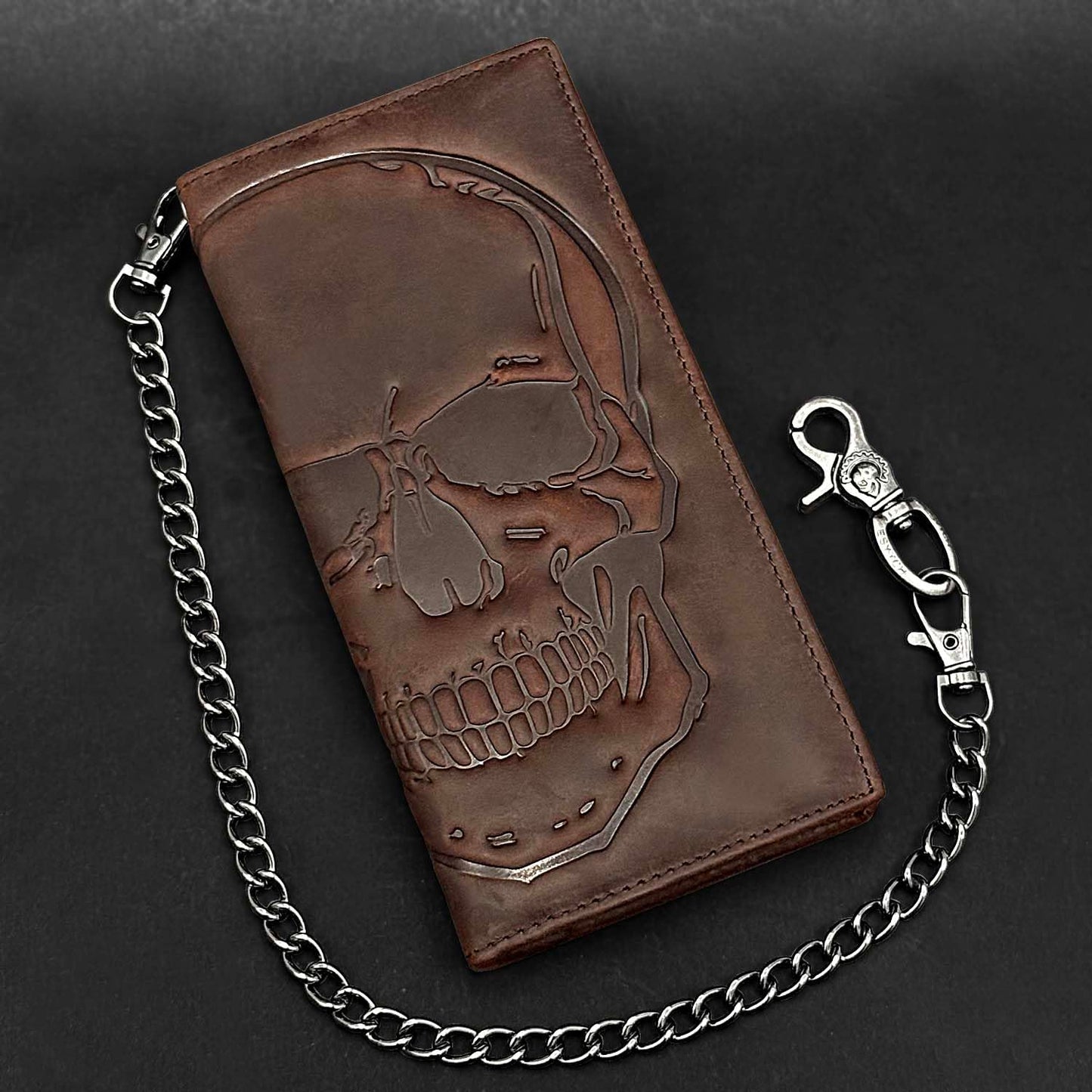 Paomadeng Skull Long Bifold Wallet for Men Full Grain Cowhide Genuine Leather Biker Wallet with Chain, RFID-Blocking, Brown