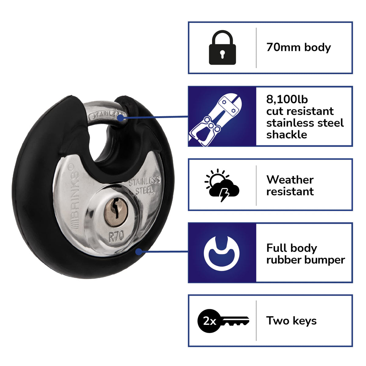 BRINKS Heavy Duty Padlock with Key - 70mm Discus Keyed Lock for Storage Shed, Garage, Storage Lockers, Sliding Doors, Tool Box, and Cabinets, 4 Pack