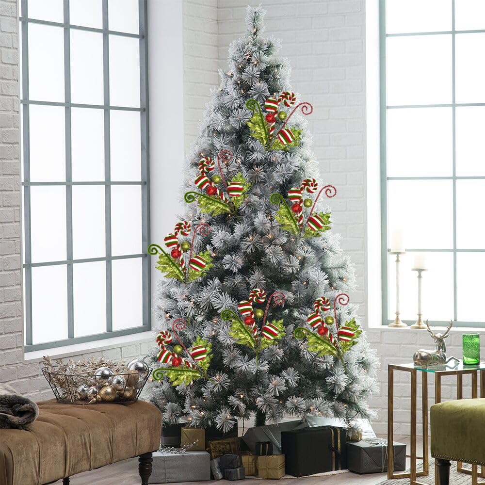 RSACCSKY 3 Pack Artificial Christmas Floral Picks Lime Green Red Berry Stems Xmas Tree Branches with Glitter Ball for Party Flower Arrangement Centerpieces (Green)