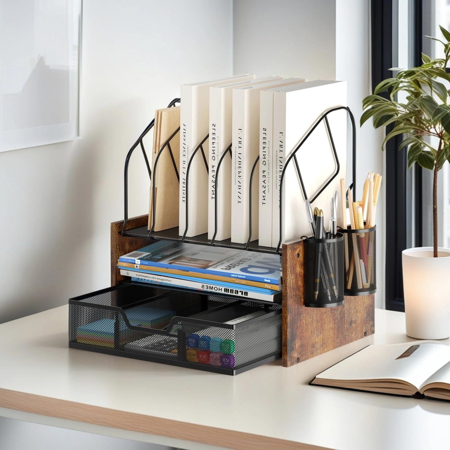 Boershun Wood Desk Organizer - 2-Tier Desktop File Organizer with Drawer with Vertical File Holder, Wooden Paper Tray, Office Desk Organzier and Accessories for Papers, Mail, Notebooks, Stationery