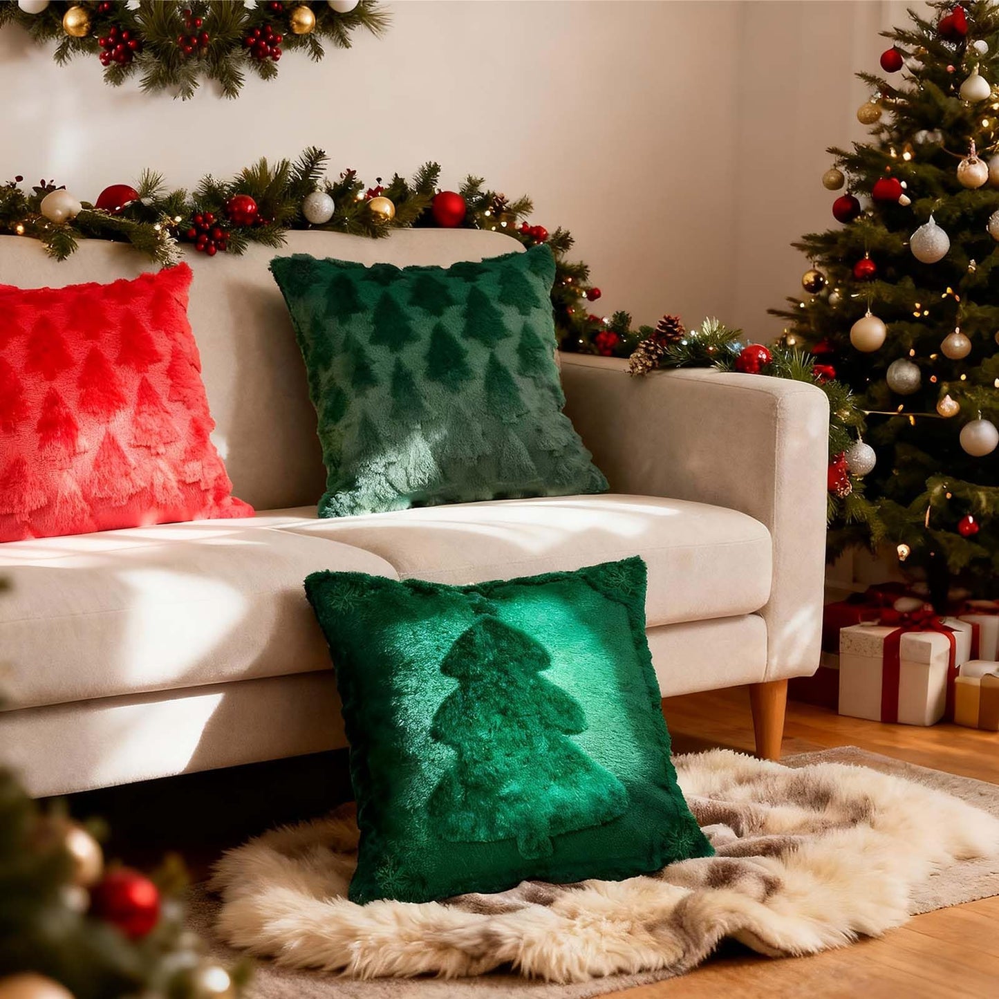ONFAON Christmas Decorations - Christmas Pillow Covers 18x18 Inch Set of 2,Embroidered Xmas Tree Soft Plush Faux Fur Wool Throw Pillows Winter Holiday Decor for Sofa Living Room, Green