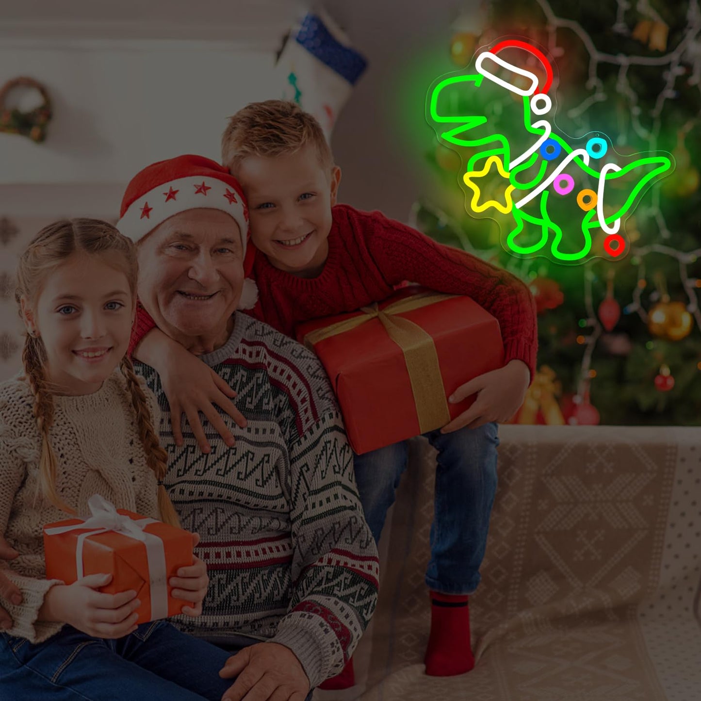 Jeanchrl Christmas Dinosaur Neon Sign Green Dinosaur Ornament LED Sign for Kids Bedroom Dimmable Dino Christmas Light Up Sign for Tree Windows Game Room Unique Neon Wall Art Decorations Gifts for Teens
