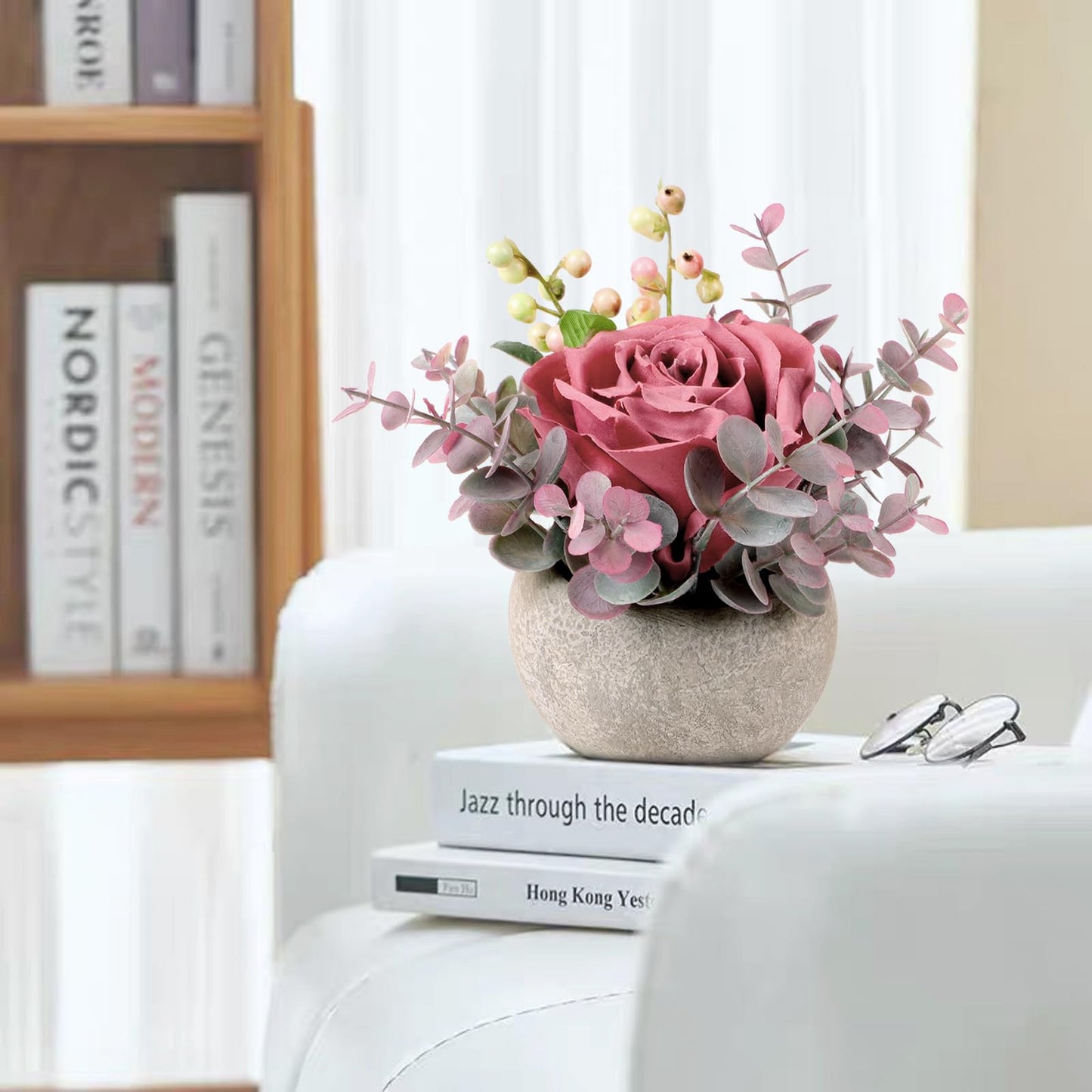 Lovmeety Faux Flowers in Pot, Pink Rose Artificial Flowers with Pot Mini Potted Plants Centerpiece Decor for Home Bathroom Office Desk Shelves Room Decorations