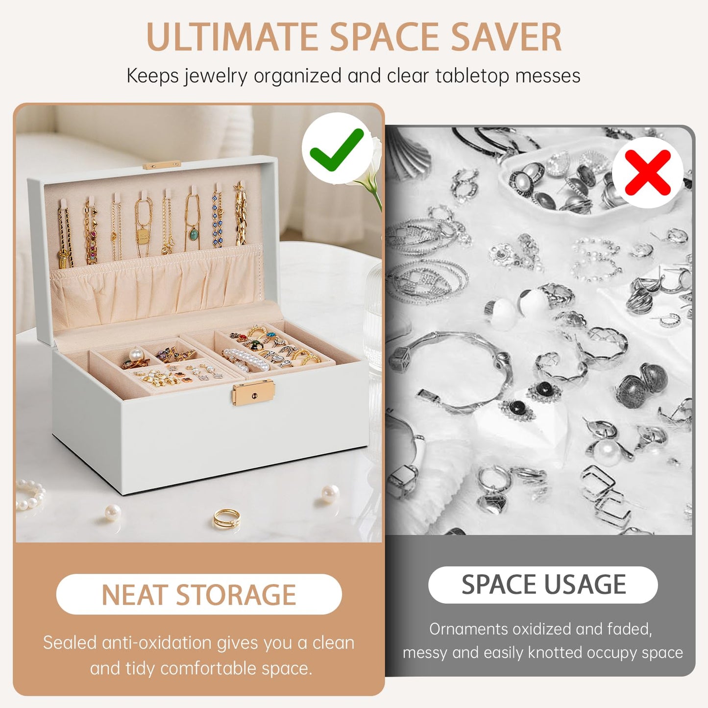 AKOZLIN Travel Jewelry Box Organizer Functional 2-trays Leather Jewelry Storage Case with Lockable Portable for Women Girls Ring Necklace Earring Bracelet