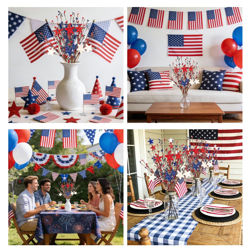 Independence Day Decorations, Artificial Patriotic Floral Picks with Blue Red White Berries 17 Inch Star Berry Stems for 4th of July Independence Day Patriotic Party Home Table Centerpiece Decor