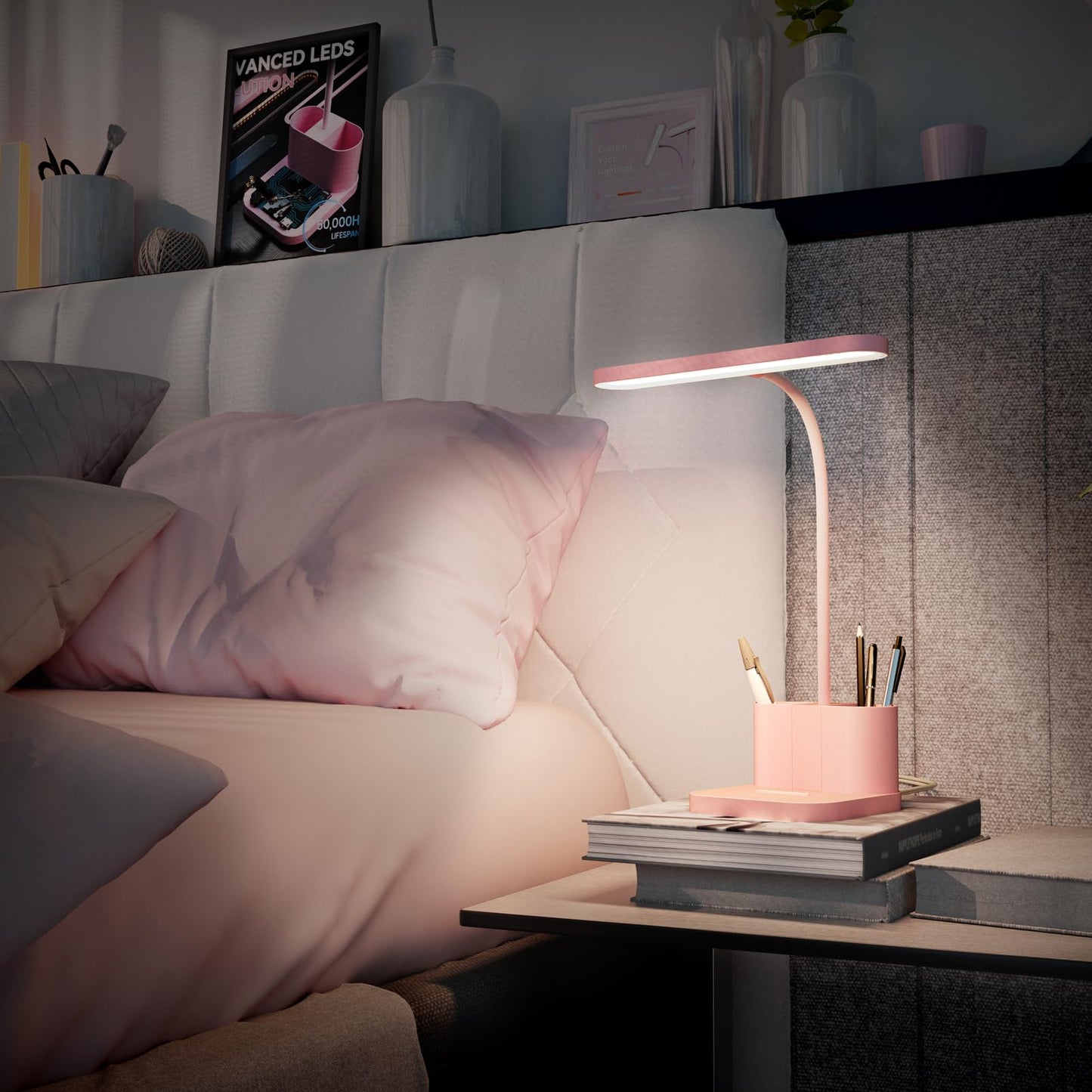 AXX Pink Desk Lamp for Home Office, Cute Table Lights for Bedrooms, Kawaii, Dimmable LED, Flexible Gooseneck, Pen Holder, Touch Control, Room College Dorm Essentials for Teen Girls Kids