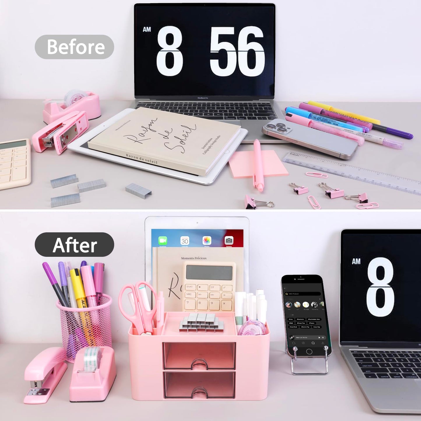 Pink Desk Organizers and Accessories 12+1Pcs, Office Supplies for Desk, Pen Organizer with 2 Drawers with Stapler,1000 Staples, Phone Holder, Tape Dispenser, Pen Holder, Sticky Note, Clips, Ruler,Etc