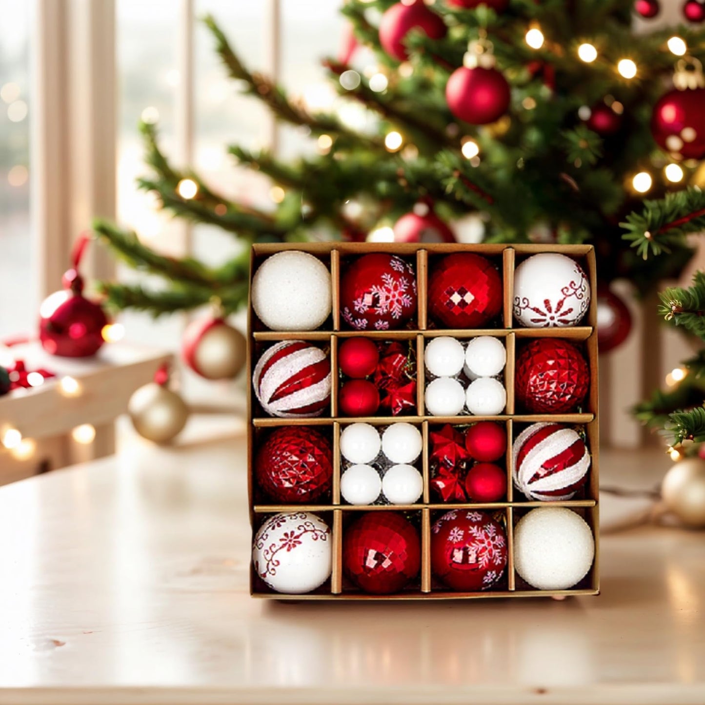 Zhticisic 44Pcs Plastic Christmas Tree Decorations Set,Shatterproof Hanging Xmas Ball Decorations for Holiday Decor(Red White)