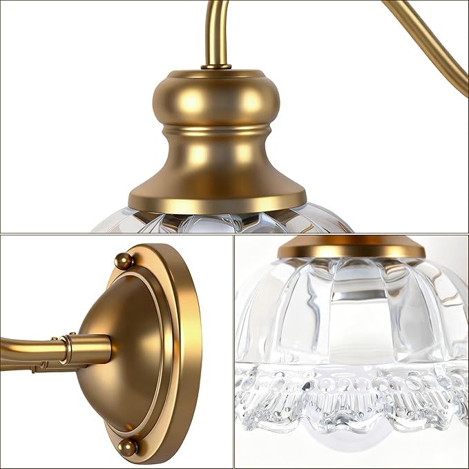 2-Lights Bathroom Vanity Light Gold Vintage Light Fixtures Matte Antique Flower Floral Brass Crystal Glass Shade Wall Sconces Lighting for Living Room, Bedroom, Hallway(E26 Base)