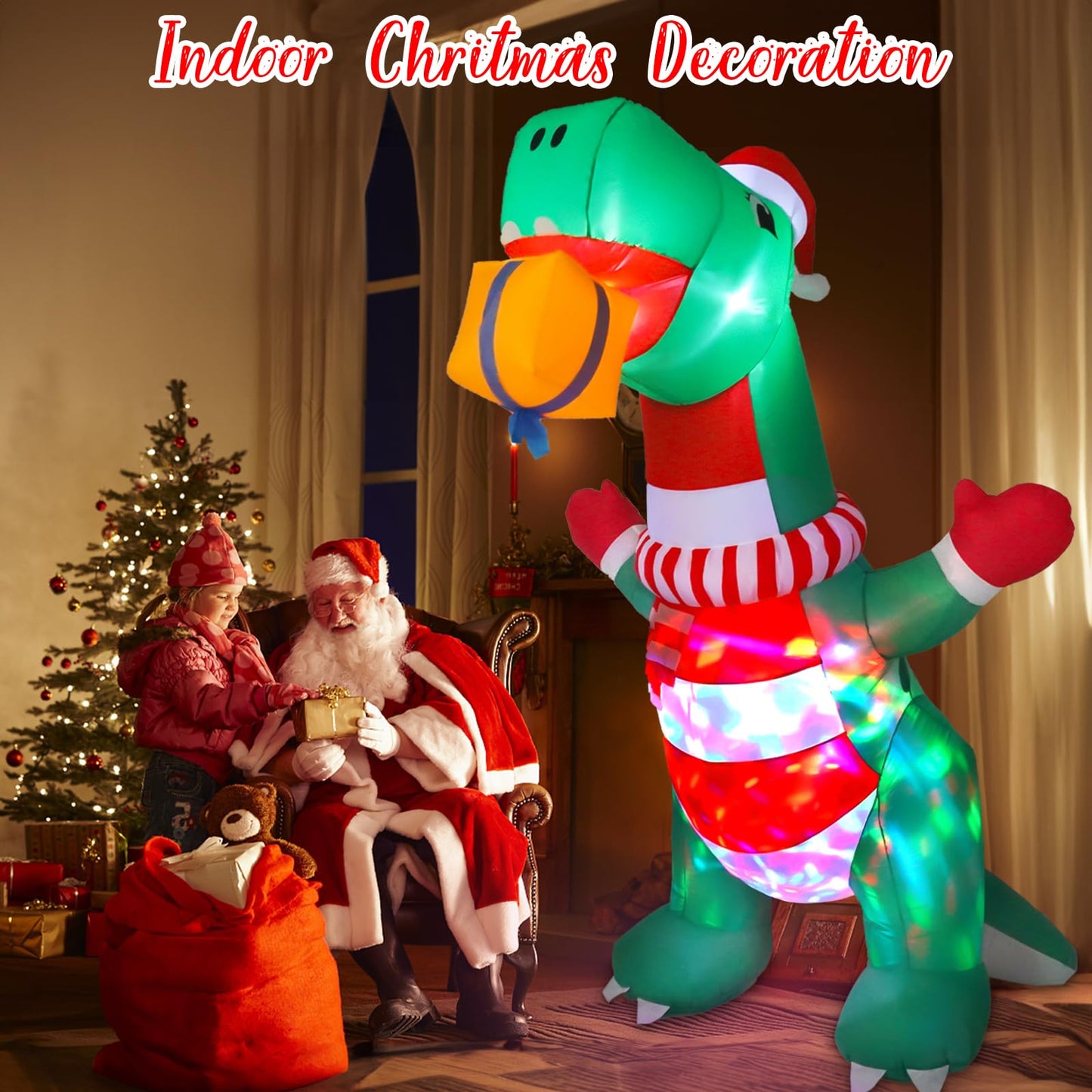 8FT Christmas Inflatables Outdoor Decorations, Blow Up Yard Dinosaur Decoration with Christmas Hat & Gift Box, Built-in LED Lights for Holiday Garden Patio Lawn Party, for Him, Her
