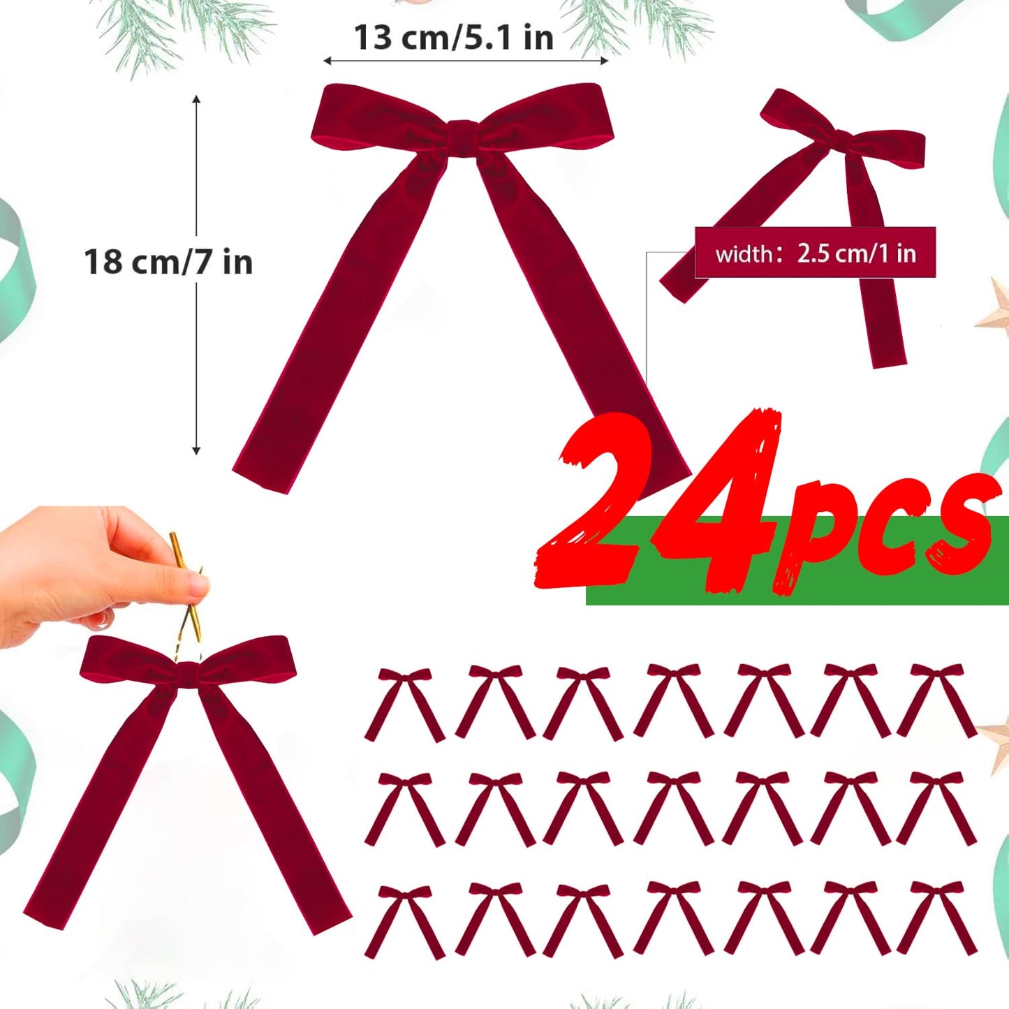 24 PCS Red Velvet Bows for Christmas Tree, Red Velvet Bows with Gold Ties, for Christmas Tree Party Front Door Wreath Holiday Indoor Inside Decor