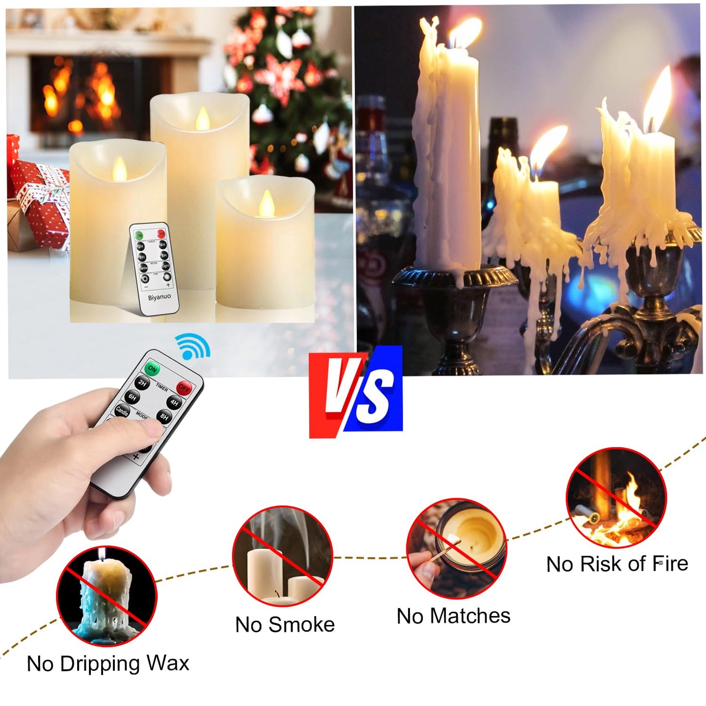 Biyanuo Flameless Battery Operated LED Candles with10key Button Remote Control 24-Hour Timer Set of 3 Electric Flickering Pillar Real Wax,Wedding, Party, Christmas and Home Decoration