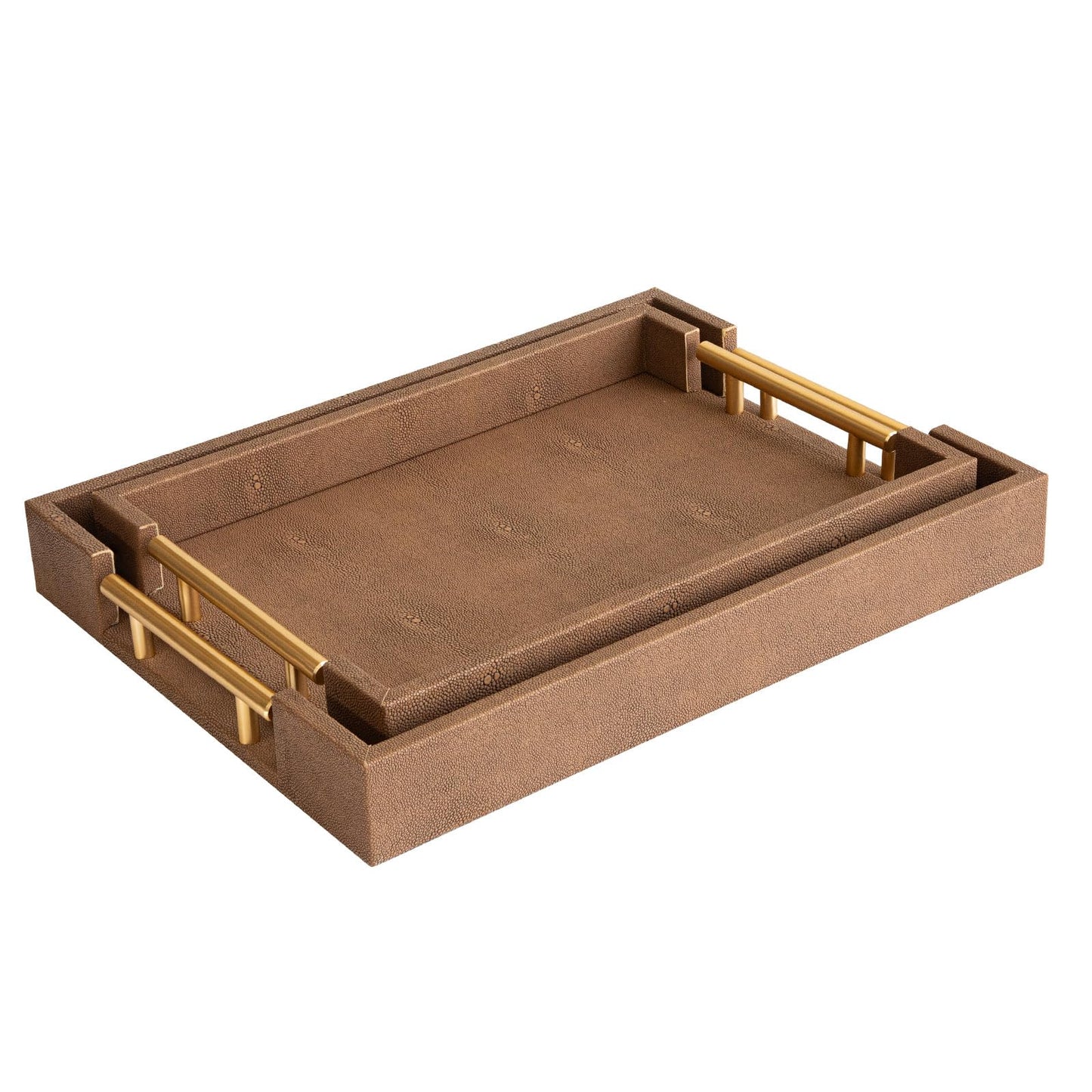 UPPER DECOR Set of 2 Decorative Tray Brown Shagreen Leather Tray, Modern Rectangle Serving Trays with Gold Polished Metal Handles, Ottoman Coffee Table Perfume Kitchen Trays Home Decor