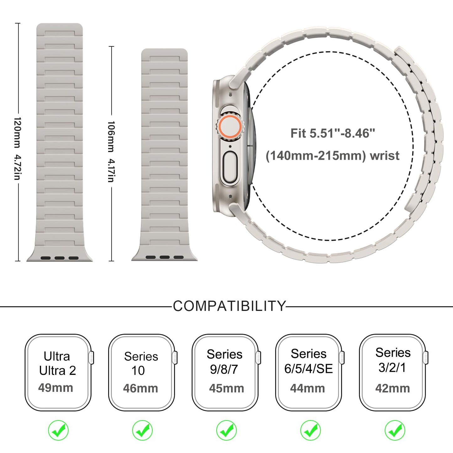 Suphart Strong Magnetic Bands Compatible with Apple Watch Band 49mm 46mm 45mm 44mm 42mm 41mm 40mm 38mm, Silicone Strap for iWatch Ultra 2 SE Series 10 9 8 7 6 5 4(49/46/45/44/42mm, Starlight)