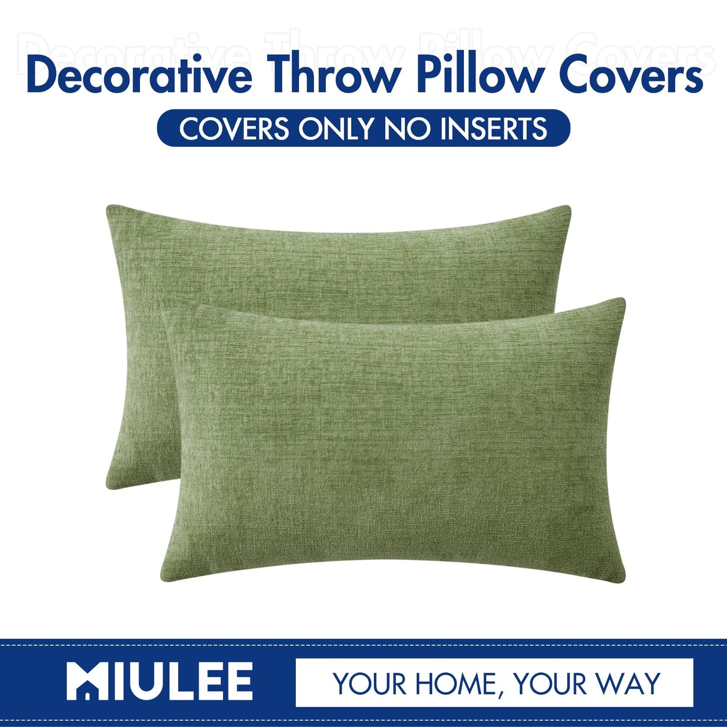 MIULEE Pack of 2 Couch Throw Pillow Covers 12x20 Inch Spring Soft Sage Green Chenille Lumbar Pillow Covers for Sofa Living Room Solid Dyed Cases