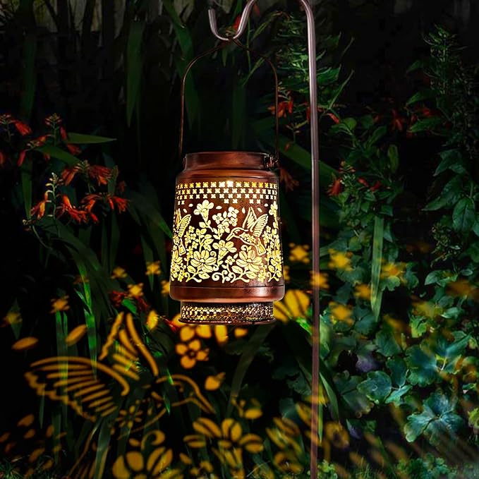 Outdoor Solar Lanterns Hummingbird Decor, Nelyeqwo Waterproof Hanging Solar Lights Gifts for Women Men Metal Lantern Decor for Garden Patio Lawn Porch Backyard Tabletop Pathway Landscape