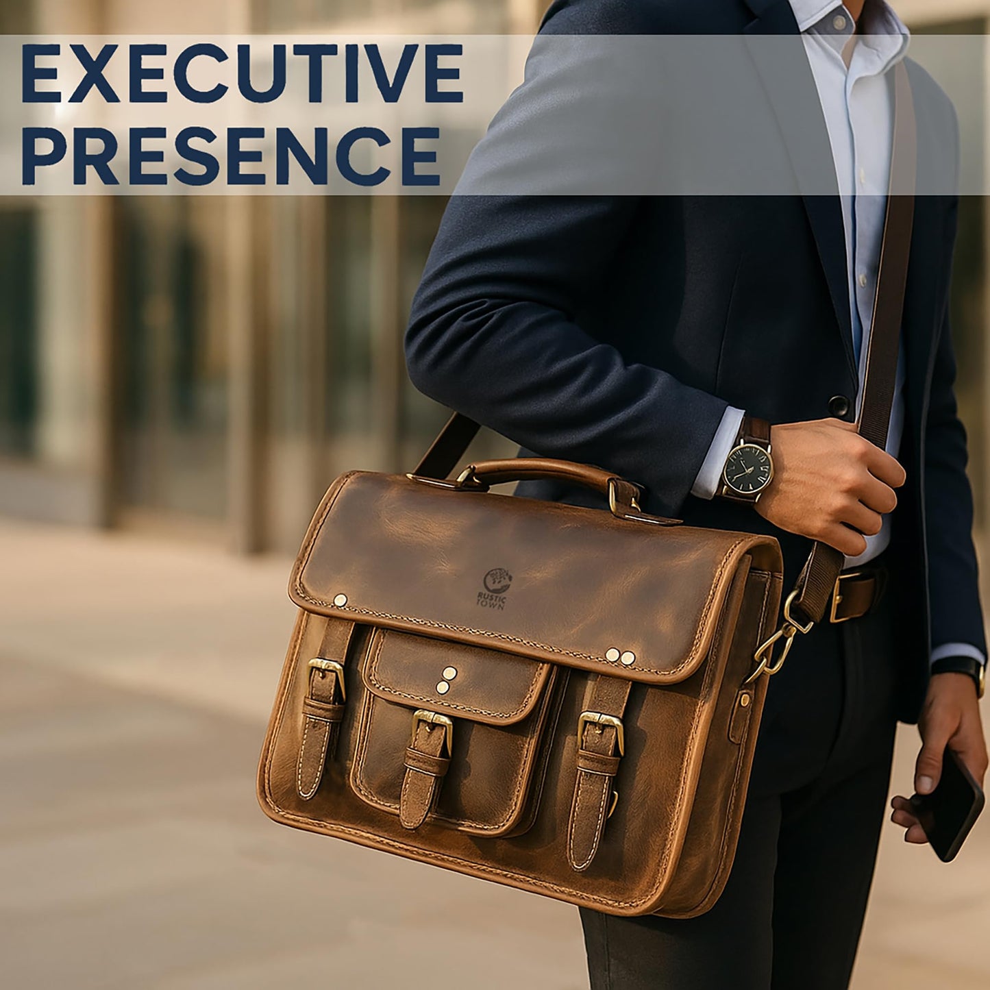 RUSTIC TOWN Leather Messenger Bag for Men - Full Grain Leather Briefcase Laptop Satchel Office Crossbody Travel Bag (16 Inch, Brown)