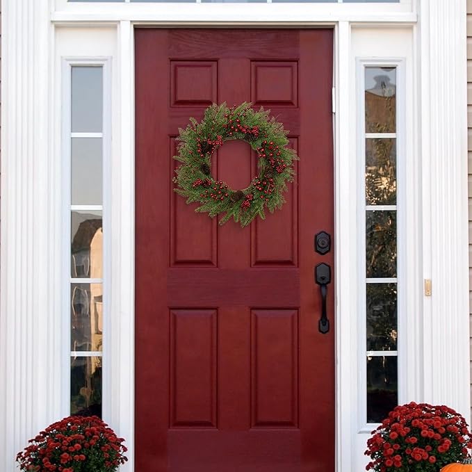 JINGHONG Artificial Christmas Wreath 22 Inch Christmas Wreaths for Front Door Winter Wreath with Red Berries Pine Cones Needles for Indoor Outdoor Xmas Winter Holidays