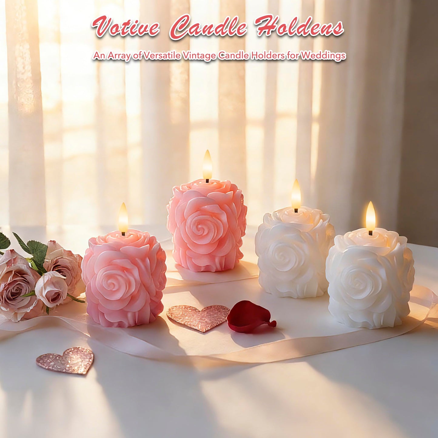 AFINETH Valentine Day Rose Flameless Candles with Remote and Timer, 2 Pack Flickering LED Candles for Proposal Wedding Anniversary Romantic Night, White
