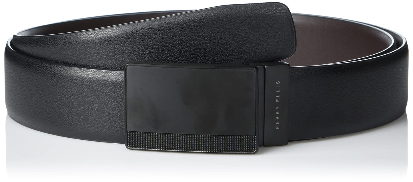 Perry Ellis Men's Reversible Leather Belt With Black Pattern Plaque, Blk20, 42