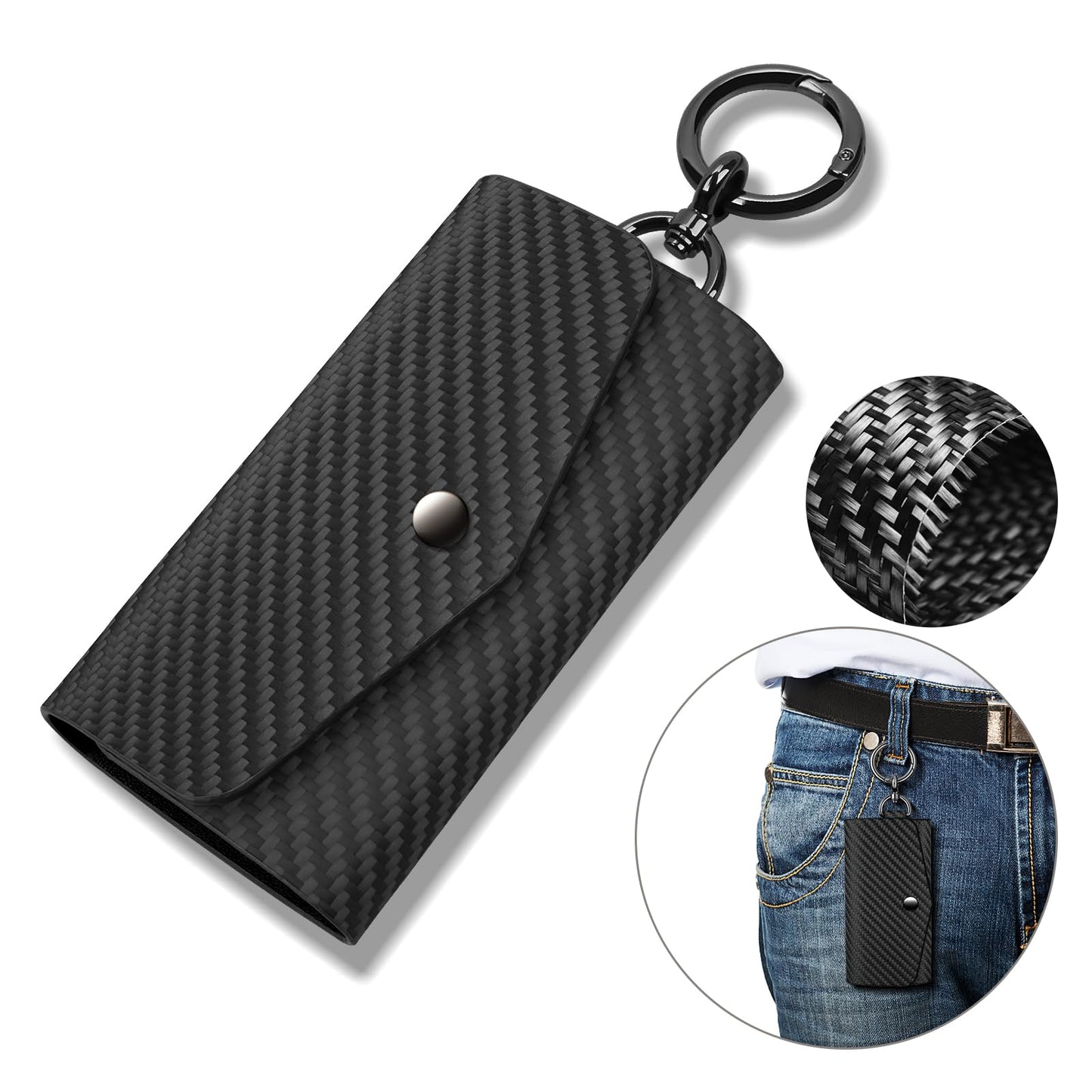Leather Key Holder Wallet with 6 Hooks, Carbon Fiber Pattern Portable Keychain Pouch for Men, Women