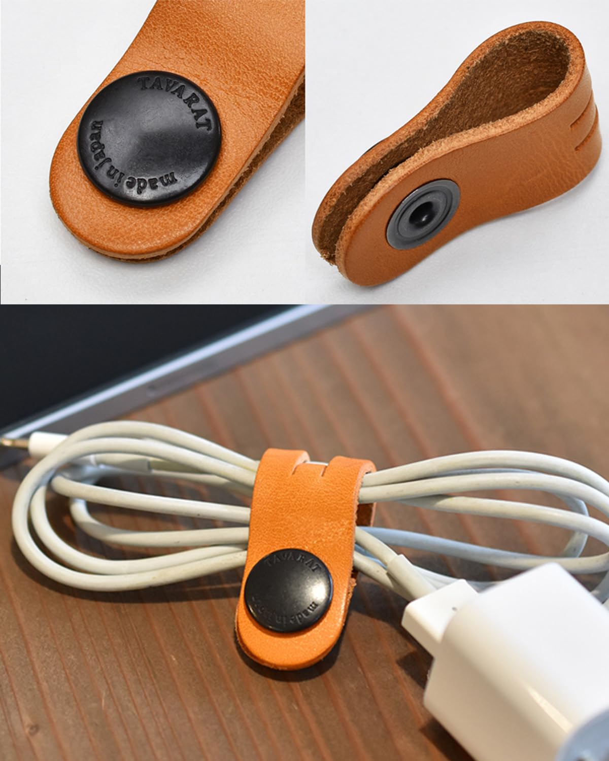 TAVARAT Cord Organizer, Cable Organizer, Charger Organizer, made in Japan, Genuine Leather, Cable Straps, Cable management, Cable Holder (Three-colour set A)