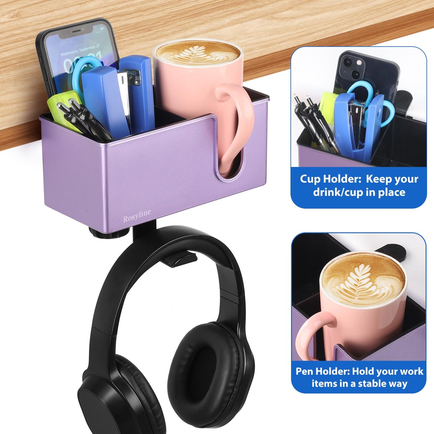 Rosyline 3-in-1 Desk Cup Holder & Clip-on Cup Holder, Clip on Desk Organizer – with Anti-Spill Function, Keeps Your Coffee, Headset, Phone & Pens Within Easy Reach, for Office Desk (Purple)