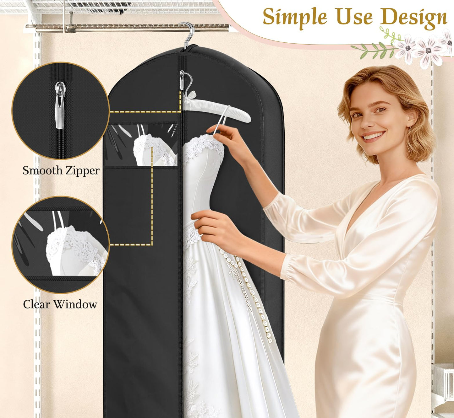KEETDY Wedding Dress Garment Bag for Travel with 4" Gusseted Long Hanging Dress Bags for Gowns for Women Garment Cover Clothes Storage for Closet (Black, 72 inch)
