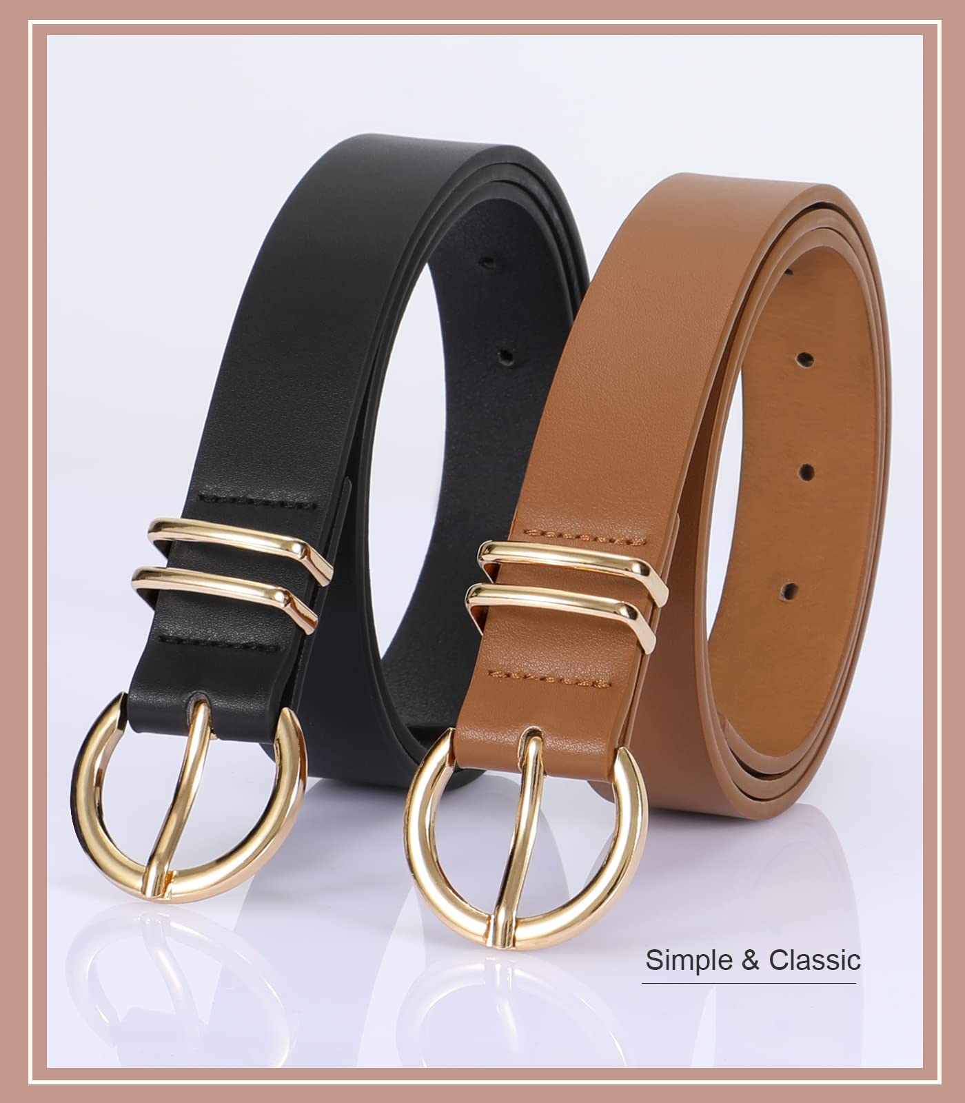 VONMELLI 2 Pack Women's Leather Belts for Jeans Pants Fashion Gold Buckle Ladies Belt Black Brown L