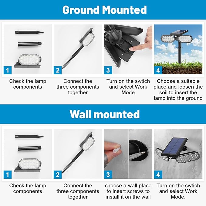 Sunvivo Motion Solar Lights Outdoor,Ground Spotlight or Wall Security Light,Motion Sensor Stay On Mode,Dusk to Dawn Floodlight,Cordless,360° Landscape Spotlight for Sidewalk Garage Driveway,2-Pack