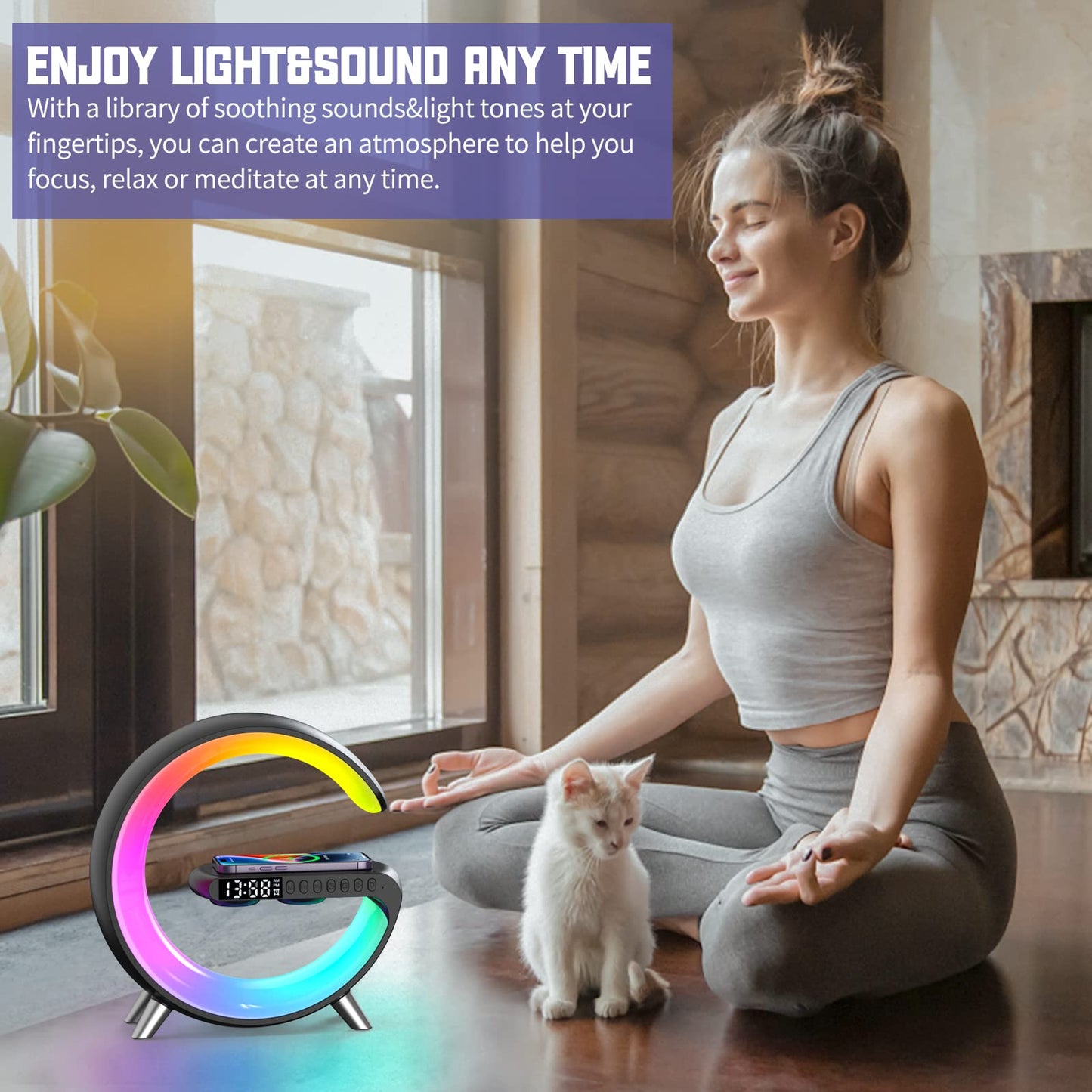 Smart Wireless Charging Alarm Clock with Bluetooth Speaker, App Controlled Bedside Lamp Table Light and Night Light, Bedroom Home Decor, Gift for Girls Boys and Family for Birthday Christmas (Black)