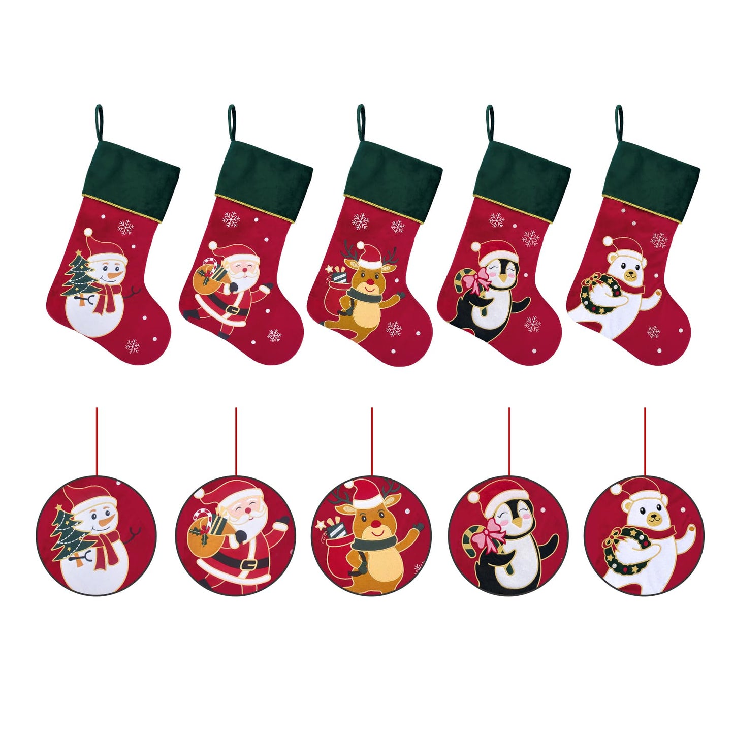 Ugiftcorner Red Velvet Christmas Stockings with Green Cuff 5 Pack Large Luxury Christmas Stockings for Family Holiday Decorations