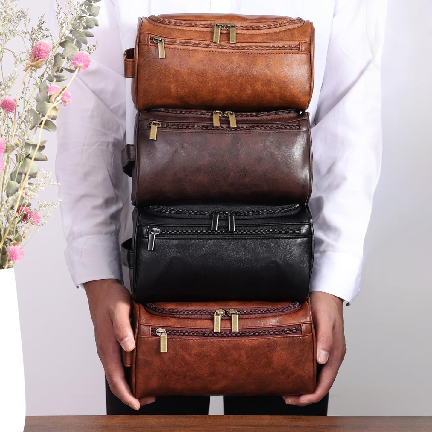 Seozata Toiletry Bag for Men, Hanging Travel Shaving Dopp Kit for Men and Women, Water-resistant Toiletries Organizer Bags, PU Leather Cosmetic Bags for Makeup Accessories (Black)