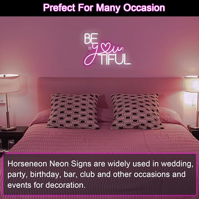 Horseneon Be You Tiful Neon Led Sign, Rectangular Pink Neon Light Sign, 16.5''*11.6'', Wall Mount, Modern Love Theme, USB Powered, Acrylic Material, Perfect for Room Decor, Salon, Party, Gift