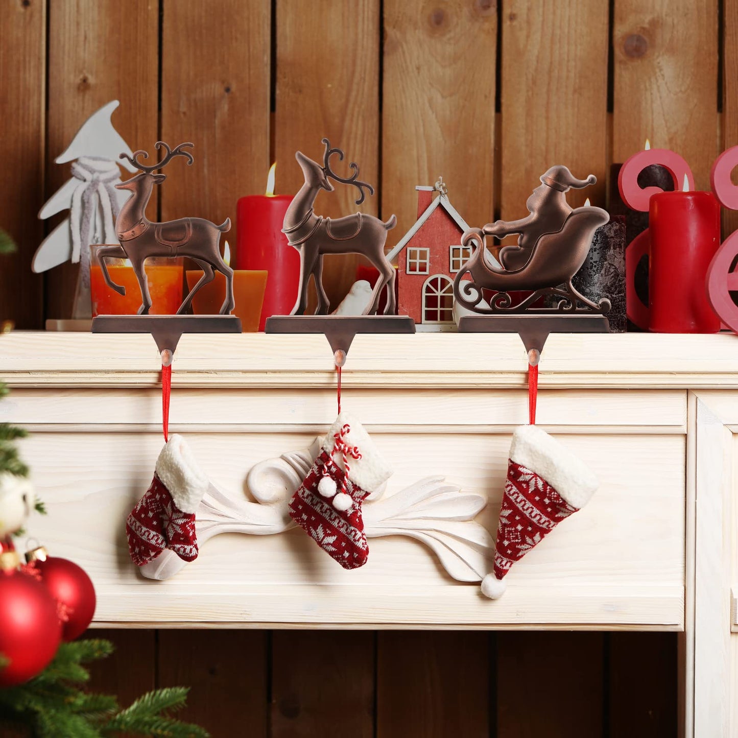 MCEAST Set of 4 Christmas Stocking Holders Santa and Reindeer Mantle Stocking Hangers Metal Christmas Hanging Hooks Safety Hanger Grips for Fireplace Decoration, Black
