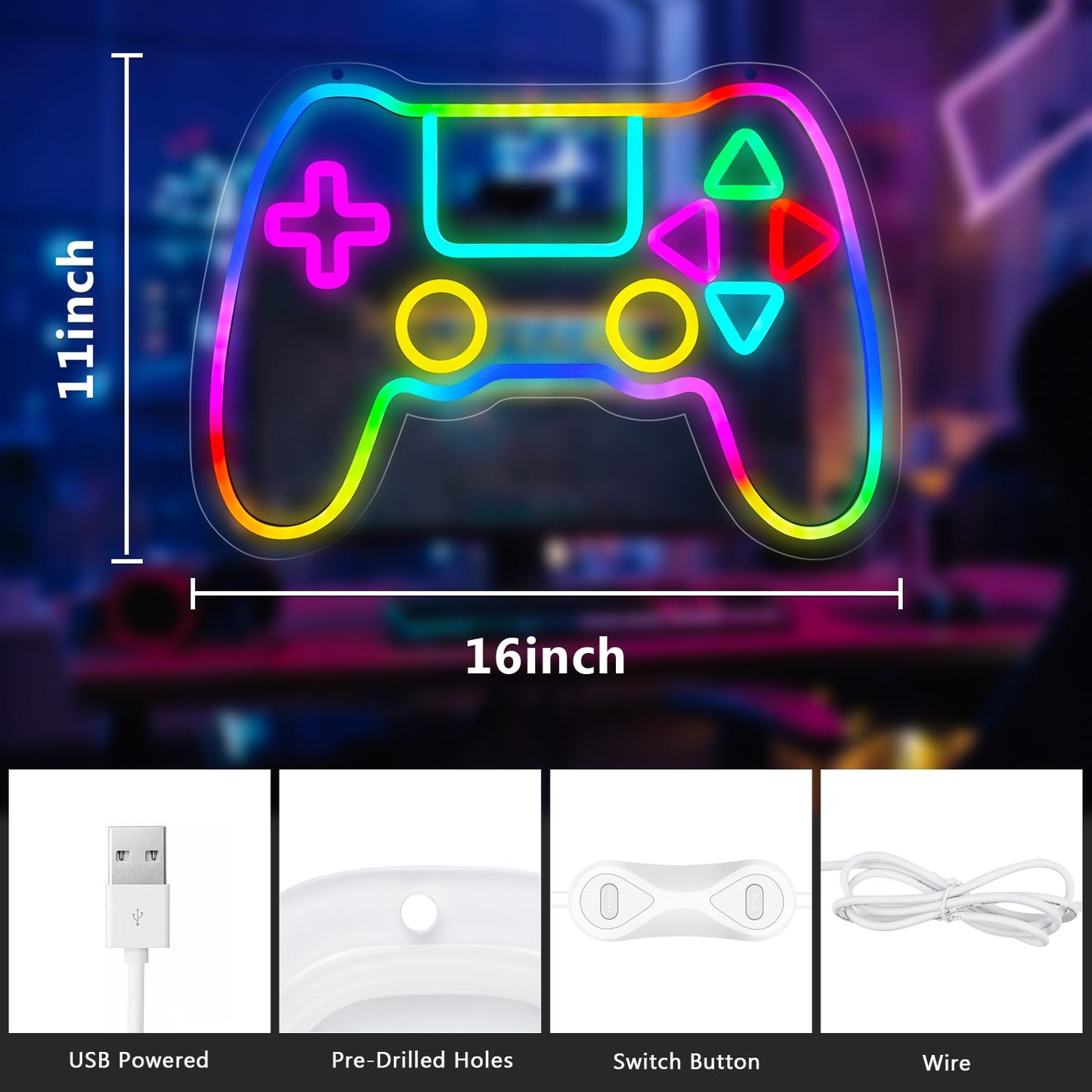 Qusea Gamer Neon Sign Gamepad Shaped RGB LED Neon Lights Gaming Sign USB Powered Game Gift for Boys Bedroom Gamer Room Wall Decor