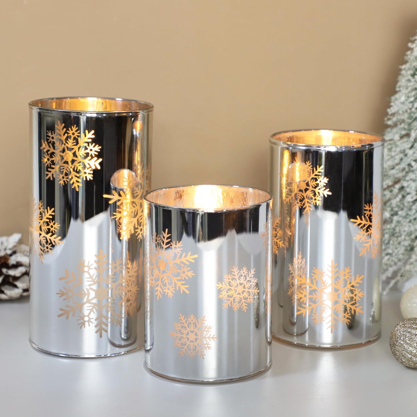 Crystal Club Christmas Flameless Candles with Remote, Set of 3, Snowflake Plating Battery Operated LED Candles, Glass Effect Pillar Candle Flickering with Remote for Home Decor