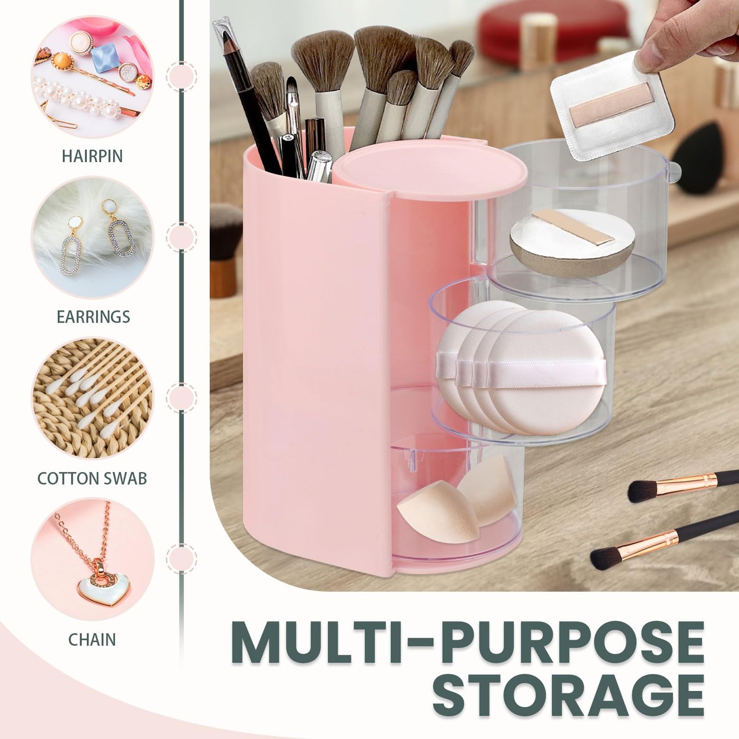 Sekonow 2 Pack Hair Accessories Organizer with Hair Brush Holder, 3-Tier Clear Rotatable Drawer Makeup Sponge Holder, Bathroom Qtip Cotton Swab/Pad/Ball Dispenser Jewelry Box (Pink)